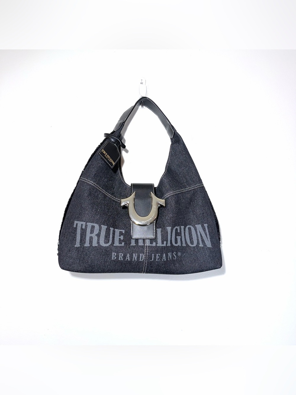 True Religion Black Denim Logo Hobo with Silver Hardware Brand New